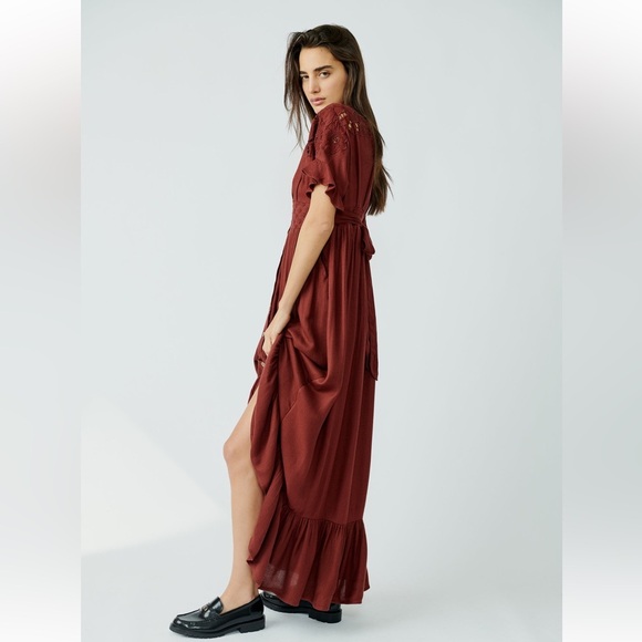 Free People Collette Floral Embroidered Rustic Brown Cinnamon Maxi Dress S - Picture 3 of 16